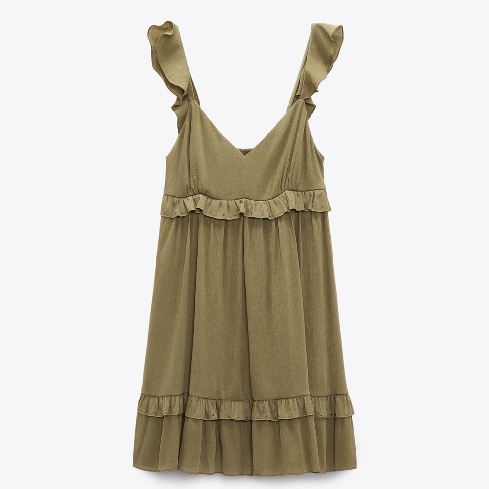 NEW ZARA V Neck Ruffle Mini Dress with Stud Trim and Ruffle Apliqué Olive Khaki